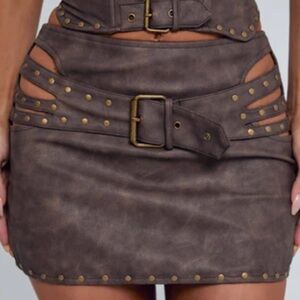 Faux-Leather Studded Mini Skirt with Decorative Belt in Dark Brown